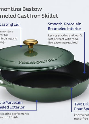 Tramontina Bestow Enameled Cast Iron Skillet with Lid, 12-inch Frying Pan, Cactus with Gold Knob