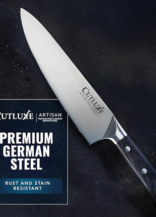 Cutluxe Chef Knife – 8" Kitchen Knife, German High Carbon Steel, Full Tang, Ergonomic Handle Design, Sheath Included – Artisan Series