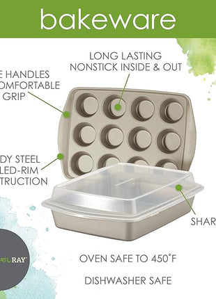 Rachael Ray Nonstick Bakeware Set without Grips includes Nonstick Baking Pan with Lid and Muffin Pan / Cupcake Pan - 3 Piece, Silver