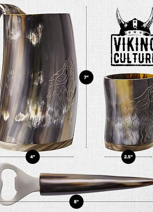 Viking Culture Ox Horn Mug, Shot Glass, and Bottle Opener (3 Pc. Set) Authentic 16-oz. Ale, Mead, and Beer Tankard | Vintage Stein with Handle | Polished Finish | Diagonal Stripes