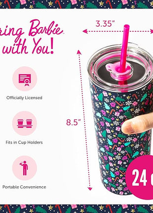 Dragon Glassware x Barbie 24 oz Insulated Stainless Steel Tumbler with Lid and 2 Straws - Festive Holiday Travel Coffee Tumbler Cup to Keep Drinks Hot or Cold, Fits Cup Holders - Christmas Theme