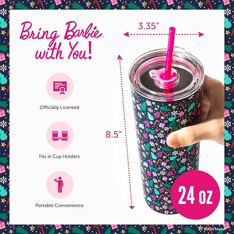 Dragon Glassware x Barbie 24 oz Insulated Stainless Steel Tumbler with Lid and 2 Straws - Festive Holiday Travel Coffee Tumbler Cup to Keep Drinks Hot or Cold, Fits Cup Holders - Christmas Theme