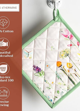 Maison d' Hermine Pot Holders 100% Cotton Heat Resistant Potholders 8" x 8" Hot Pads with Loop BBQ, Cooking, Baking, Grilling, Kitchen, Handling Hot Pans Spring/Summer (Pack of 1, Botanical Fresh)