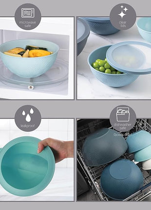 COOK WITH COLOR Mixing Bowls with Lids - 12 Piece Plastic Nesting Bowls Set includes 6 Prep Bowls and 6 Lids, Rhombus Design - Microwave Safe (Blue)