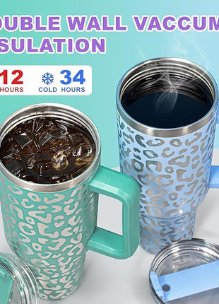 40 oz Tumbler with Handle and Straw, 100% Leak-Proof Travel Mug, Stainless Steel Double Wall Vacuum Insulated Coffee Cup Keeps Cold For 34 Hours, Dishwasher Safe, Purple Leopard