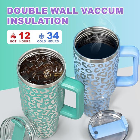 40 oz Tumbler with Handle and Straw, 100% Leak-Proof Travel Mug, Stainless Steel Double Wall Vacuum Insulated Coffee Cup Keeps Cold For 34 Hours, Dishwasher Safe, Purple Leopard