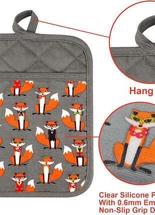 Pot Holders Set of 2 Heat Resistant 480 ℉ Non Slip Clear Silicone Printed Comfortable Cotton Lining Kitchen Women Men Cooking Baking Microwave Machine Washable (Fox, Gray Potholders)