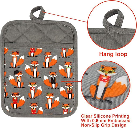 Pot Holders Set of 2 Heat Resistant 480 ℉ Non Slip Clear Silicone Printed Comfortable Cotton Lining Kitchen Women Men Cooking Baking Microwave Machine Washable (Fox, Gray Potholders)