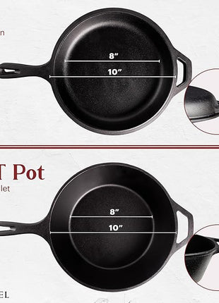 Cuisinel Cast Iron Skillet + Lid - 2-In-1 Multi Cooker - Deep Pot + Frying Pan - 3-Qt Dutch Oven - Pre-Seasoned Oven Cookware - Works for Bread, Indoor/Outdoor, Grill, Stovetop and Induction