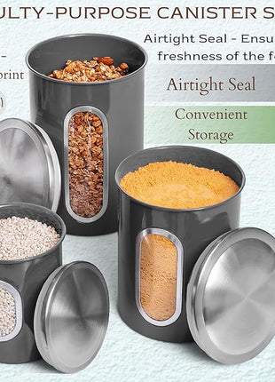 Moss & Stone 3-Piece Gray Canisters Sets For The Kitchen, Airtight Canister Set With See Through Window, Storage Jars for Coffee Container, Tea Organizer & Sugar Canister, Gray Kitchen Canisters