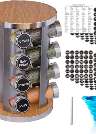 New England Stories Revolving Spice Rack Set with 16 Spice Jars, Kitchen Spice Tower Organizer for Countertop or Cabinet - Carousel Storage Includes 386 Spice Labels