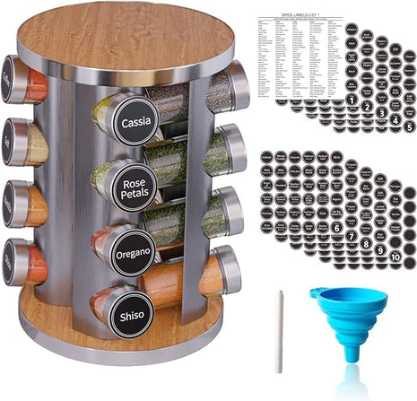 New England Stories Revolving Spice Rack Set with 16 Spice Jars, Kitchen Spice Tower Organizer for Countertop or Cabinet - Carousel Storage Includes 386 Spice Labels