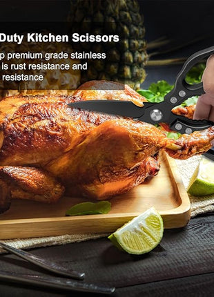 CGBE Kitchen Scissors, Multi-Purpose Kitchen Shears, Heavy Duty Dishwasher Safe Food Scissors for Chicken, Poultry, Fish, Meat & Herbs with Non-Slip Grips - ALL Black