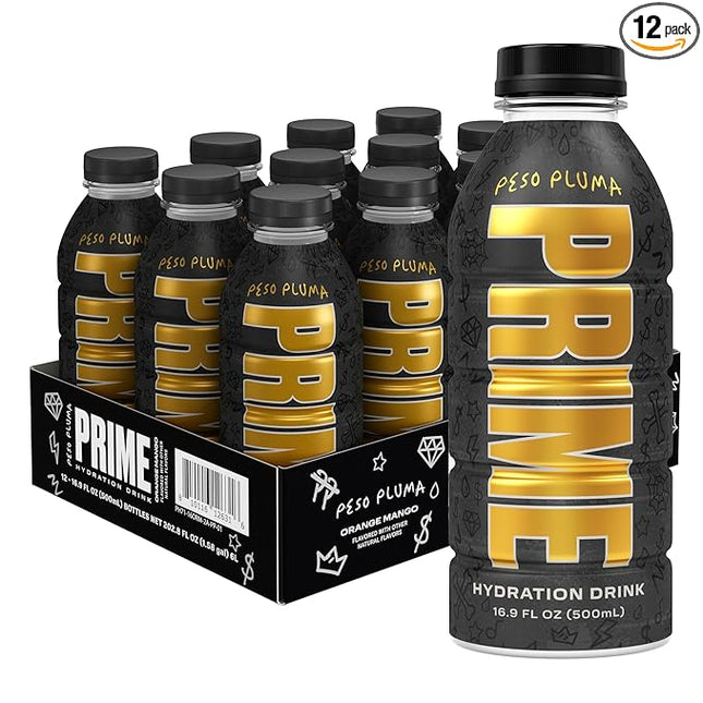 PRIME Hydration PESO PLUMA, Sports Drinks, Electrolyte Enhanced for Ultimate Hydration, 250mg BCAAs, B Vitamins, Antioxidants, Low Sugar, 16.9 Fl Oz, 12 Pack