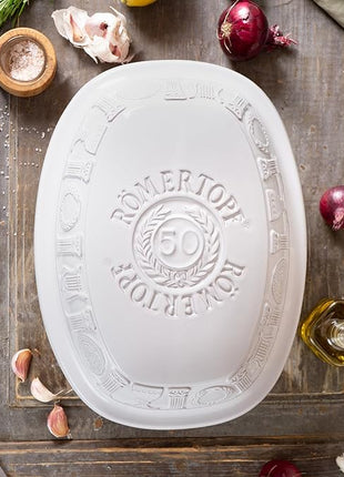 Romertopf Clay Roaster | 50 Years Anniversary Edition | Non-Stick Dutch Oven | Healthy Pot Cooking | Clay Baker | Versatile Cooking Vessel - 5.2 Quarts (5 Liters) for up to 8 people - White