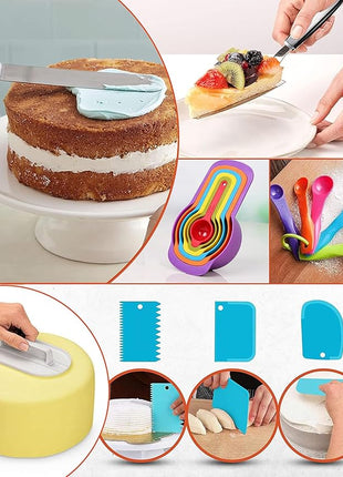 RFAQK 700PCs Cake Decorating Kit with Baking Supplies - Cake Turntable for Decorating with Baking Pans, Leveler, 24 Numbered Piping Tips, 2 Spatulas, Fondant Tools, Video Course, Pattern Chart & More