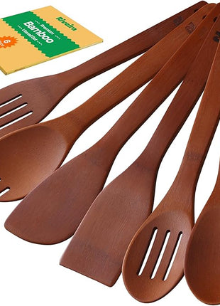 Riveira Premium Brown Bamboo Wooden Spoons for Cooking Set of 6 – Premium Brown Bamboo Wooden Cooking Utensils, Wooden Spatula, Wooden Spoon - Premium Quality Wooden Utensil Set for Non-Toxic Cooking