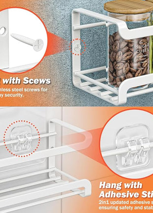 Spice Rack wall mounted 4 Pack, Space-Saving Spice Organizer for Spice Jars and Seasonings,Screw or Adhesive Hanging Spice Rack Organizer for Your Kitchen Cabinet,or Pantry Door,White
