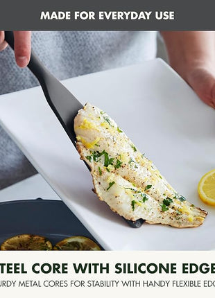 GreenPan Silicone Fish Turner Spatula, Slotted Cooking Kitchen Utensil, Flexible Rubber Nonstick Cookware, Rigid Steel Core, Heat-Resistant, Anti-Slip Handle, BPA-Free, Dishwasher Safe, Gray