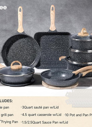 JEETEE Pots and Pans Set Non Stick 23pcs, Healthy Kitchen Cookware Sets, Induction Cooking Set W/Gray Frying Pans, Saucepans, Sauté & Griddle & Crepe Pan (PFOA, PFAS Free)