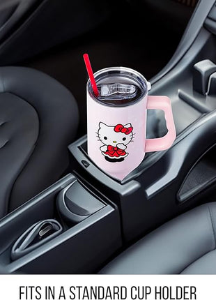 Silver Buffalo Sanrio Hello Kitty Christmas Holiday Dress and Matching Bow Snowflakes Stainless Steel Tumbler with Handle and Straw, Fits in Standard Cup Holder, 40 Ounces