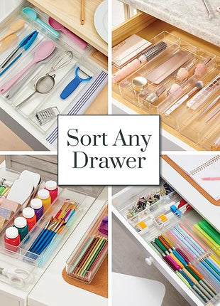 STORi SimpleSort 6-Piece Stackable Clear Drawer Organizer Set | 12" x 3" x 2" Rectangle Trays | Narrow Makeup Vanity Storage Bins and Office Desk Drawer Dividers | Made in USA