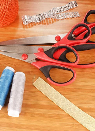 BambooMN Titanium Softgrip Scissors Set for Sewing, Arts, Crafts, Office - 10 Sets of 3 - Red w/Black Inlays