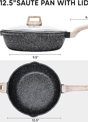 CAROTE 12.5 Inch Nonstick Deep Frying Pan with Lid, 6.5 Qt Jumbo Cooker Saute Pan with Pour Spout, Skillet Induction Cookware, Non Stick Cooking Pan PFOA Free, Classic Granite