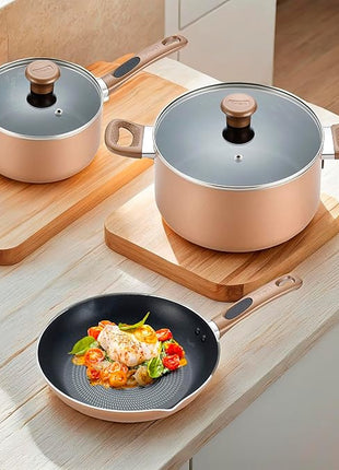 T-fal B036SE64 B036SE Excite ProGlide Nonstick Thermo-Spot Heat Indicator Dishwasher Oven Safe Cookware Set, 14-Piece, Bronze