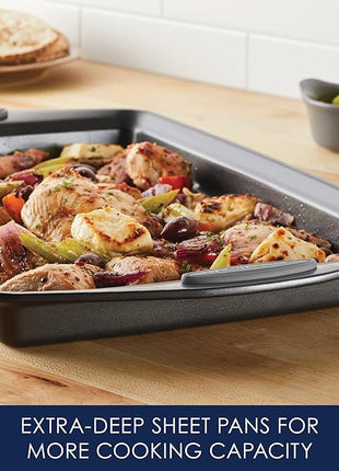 Rachael Ray Nonstick Bakeware Set with Grips, Nonstick Cookie Sheets / Baking Sheets - 3 Piece, Gray with Sea Salt Gray Grips