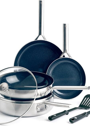 Blue Diamond Cookware Tri-Ply Stainless Steel Ceramic Nonstick, 7 Piece Cookware Pots and Pans Set, PFAS-Free, Multi Clad, Induction, Dishwasher Safe, Oven Safe, Silver
