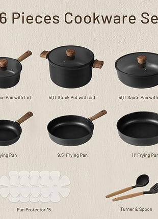 CAROTE Nonstick Pots and Pans, Induction Cookware Set Kitchen Cooking Sets, Non Stick w/Frying Pan (PFOS, PFOA Free), Black, 16pcs