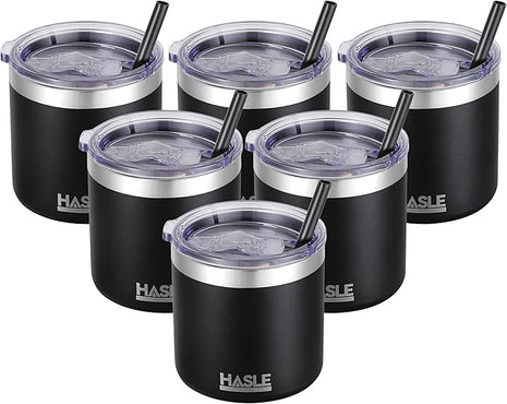 HASLE OUTFITTERS 10oz Insulated Tumblers with Lid and Straw,Stainless Steel Tumbler Travel Coffee Mug,Double Wall Reusable Tumbler Cup for Iced and Hot Drinks(Black,6 Pack)