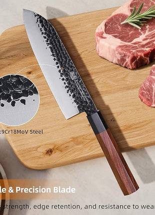 FINDKING Dynasty Series Japanese Santoku Knife, Professional Kitchen Knife, 9Cr18MoV High Carbon Steel Blade, African Rosewood Octagonal Handle, for Meat, Fruits, Vegetables, 7 Inches