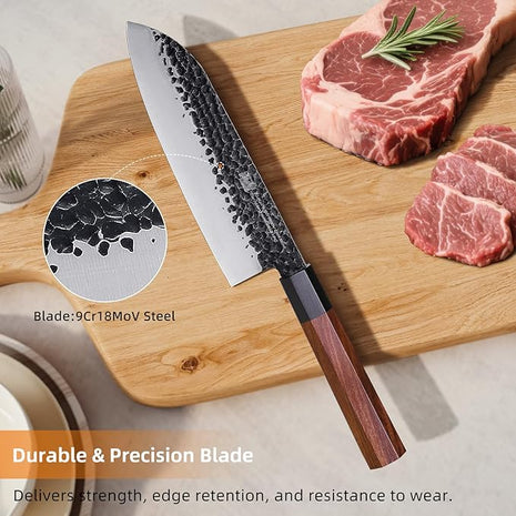 FINDKING Dynasty Series Japanese Santoku Knife, Professional Kitchen Knife, 9Cr18MoV High Carbon Steel Blade, African Rosewood Octagonal Handle, for Meat, Fruits, Vegetables, 7 Inches