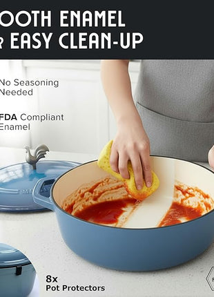 MUELLER HOME 5.5 Quart Enameled Cast Iron Oval Dutch Oven w Rooster Knob & Cotton Potholders, Heavy-Duty Cookware, Oven-Safe up to 500° F & Across All Cooktops, Gifts for Grandma & Women, Mineral Blue