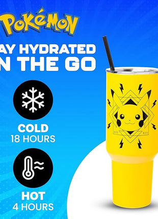 Silver Buffalo Pokémon Lightning Stainless Steel Tumbler with Handle Featuring Pikachu, Fits in Standard Cup Holder, 40 Ounces