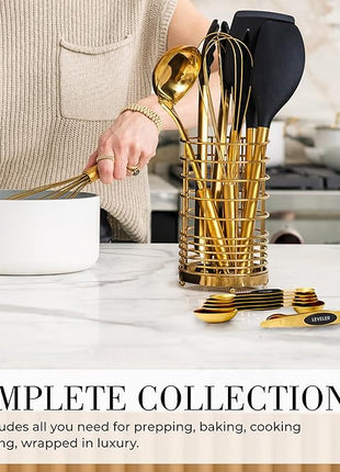 Styled Settings Black and Gold Kitchen Utensils Set – 15-Piece Cooking Set Includes Black Silicone Utensils, Gold Utensil Holder, and Magnetic Measuring Spoons – Stylish Kitchen Accessories