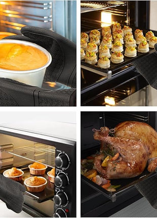 Hovico Silicone Oven Mitts, Heat Resistant 500F Kitchen Mitts 2PCS, 11.6" BPA-Free Soft Baking Gloves, Non-Slip Grip Oven Gloves with Soft Cotton Lining for Kitchen Cooking Baking BBQ - Black