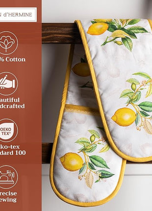 Maison d' Hermine Double Oven Mitts 100% Cotton 7"x35" Double Oven Mitt Heat Resistant BBQ Cooking Gloves with Loop, Baking, Grilling, Home, Kitchen, Handling Hot Pans Spring Summer (Limoncello)