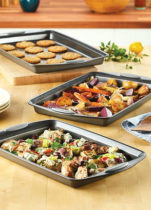 Rachael Ray Nonstick Bakeware Set with Grips, Nonstick Cookie Sheets / Baking Sheets - 3 Piece, Gray with Sea Salt Gray Grips