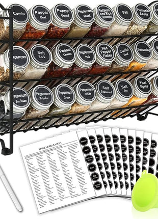 SWOMMOLY Spice Rack Organizer with 24 Empty Glass Spice Jars, 396 Spice Labels with Chalk Marker and Funnel Complete Set, for Countertop, Cabinet or Wall Mount, Black