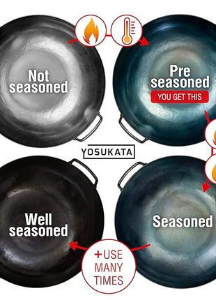 YOSUKATA 13.5” Blue Carbon Steel Wok Pan – Pre-Seasoned Flat Bottom Wok Compatible with open fire, gas, electric, ceramic, induction cooktops -Traditional Chinese Pan for Stir Fry, BBQ, Grill, Camping