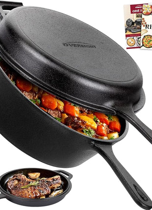 Overmont Cast Iron Dutch Oven with dual use Skillet lid for Oven, Induction, Electric, Grill, Stovetop, (3.2QT Pot, 10.5 inches)