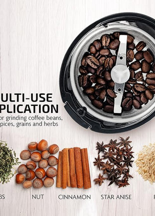 OVENTE Electric Coffee Grinder for Beans, Spices and More, 2.5Oz Compact Grinding Mill, Spice Grinder with Stainless Steel Blade, Pulse Button Operation and Transparent Easy to Open Lid, Black CG225B