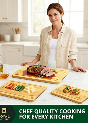 ROYAL CRAFT WOOD Wooden Cutting Boards for Kitchen Meal Prep & Serving - Premium Bamboo Wood Serving Board Set with Deep Juice Groove Side Handles - Charcuterie & Chopping Butcher Block for Meat