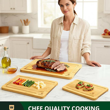 ROYAL CRAFT WOOD Wooden Cutting Boards for Kitchen Meal Prep & Serving - Premium Bamboo Wood Serving Board Set with Deep Juice Groove Side Handles - Charcuterie & Chopping Butcher Block for Meat