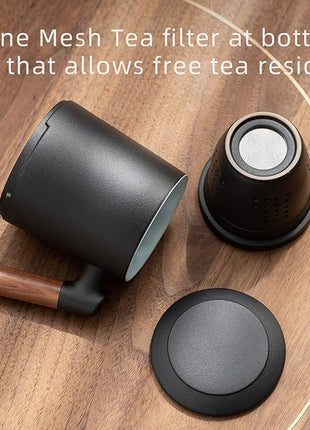 ZENS Tea Cup with Infuser and Lid for Loose Leaf Tea Steeper, 12oz Black Ceramic Tea Mug with Wood Handle for Tea Lovers Gifts
