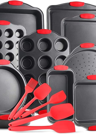 Eatex Nonstick Bakeware Set, 15-Piece with Muffin Pan, Cake Pan & Cookie Sheets for Baking, Steel Baking Sheets for Oven with Kitchen Utensils - Black