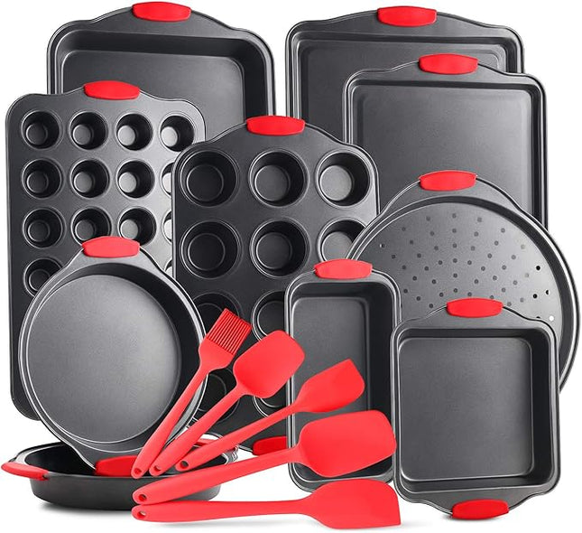 Eatex Nonstick Bakeware Set, 15-Piece with Muffin Pan, Cake Pan & Cookie Sheets for Baking, Steel Baking Sheets for Oven with Kitchen Utensils - Black